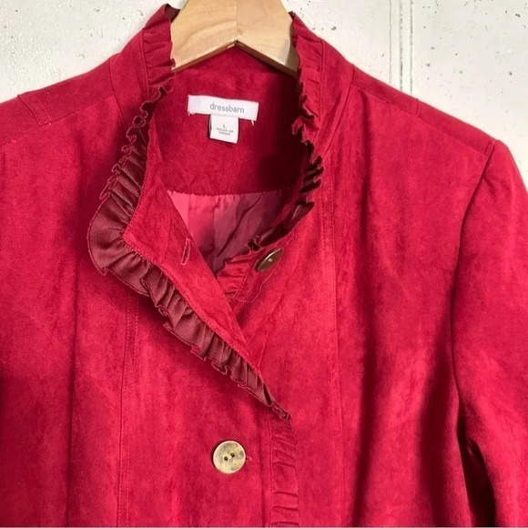 Dressbarn L faux suede rich red ruffle trimmed button down jacket - Picture 5 of 5